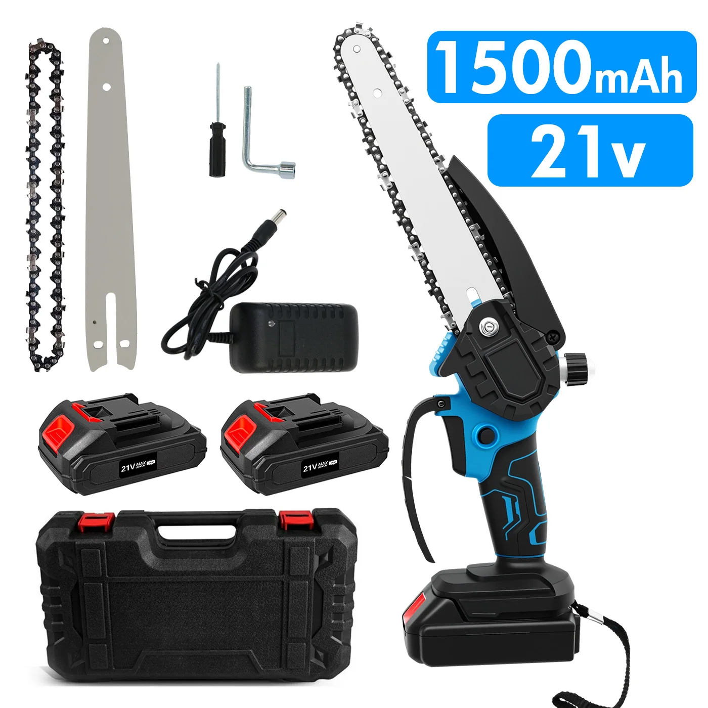 

Беспроводная мини-бензопила 21 В, 880 Вт, портативная электрическая 8-дюймовая ручная пила с батареями 2x1500 мАч, 3 цепи для резки дерева