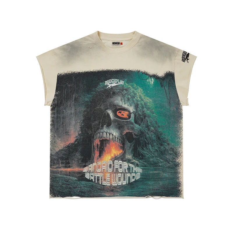 2026 New Rough Play Men T Shirt Vintage Acid Wash Destroyed Hem Rainforest Skull Lake Graphic Loose Hip Hop Casual Cut Off Top