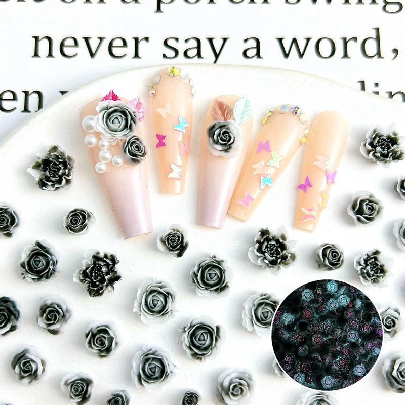 10pcs Gradient Nail Accessories Resin Dual Color Luminous Peony Flower Carving Rose Wearing Nail Decoration