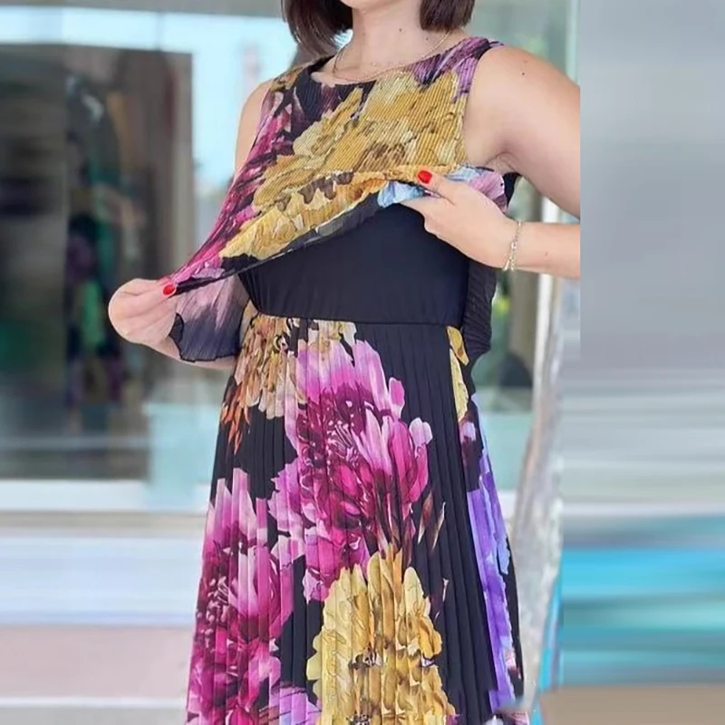 เดรสยาวพิมพ์ลายดอกไม้สุดหรู ปี 2025 แฟชั่นผู้หญิง คอทรงโอ จับจีบ ชุดเดรสสำหรับงานปาร์ตี้ สไตล์ลำลอง เอวสูง ทรงหลวม สไตล์โบฮีเมียน