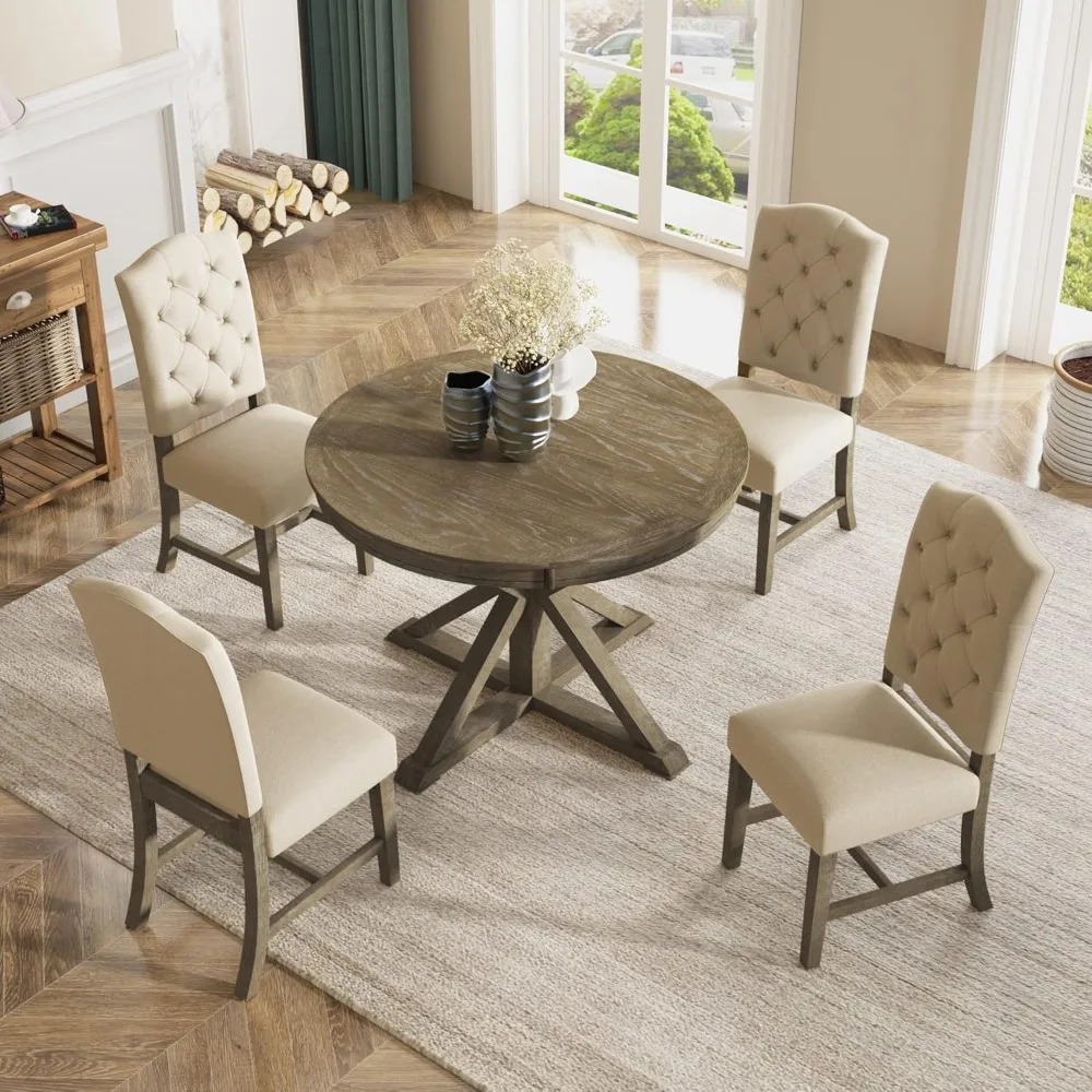 Retro Style 5-Piece Round Dining Table Set for 4,Extendable Table with 4 Upholstered Chairs,Natural Wood Wash/Upholstered Chairs