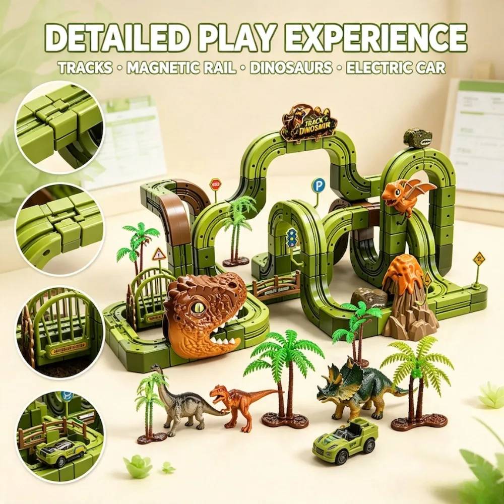 Magic Electric Dinosaur Track Car 3D DIY Assembled Anti Gravity Roller Coaster Adventure Magnetic Building Block Track Toy