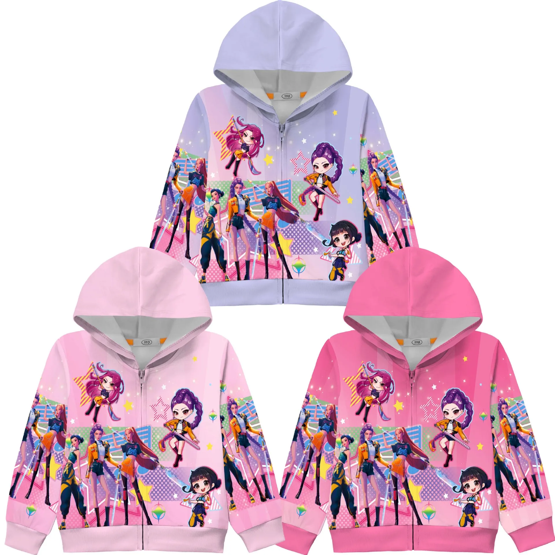 

KPop Demon Hunters Movie Print Long Sleeves Zipper Hooded Tops Baby Girls Casual Street Fall Winter Jacket Coat Birthday Gift