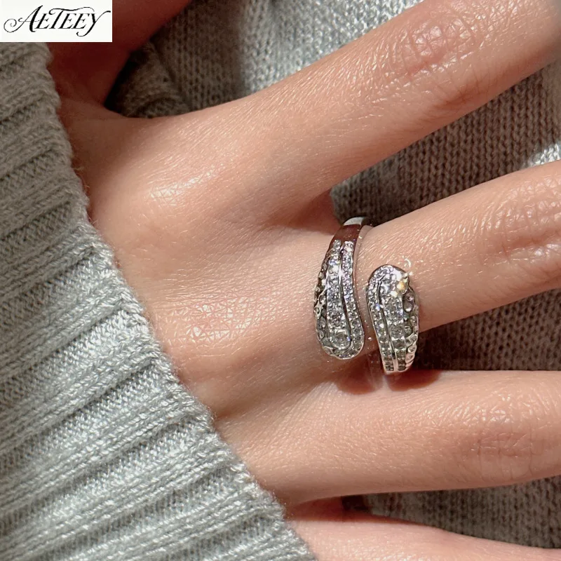 AETEEY S925 Sterling Silver Snake Shaped Inlaid Diamond Ring Minimal Niche Stylish Women Finger Jewelry