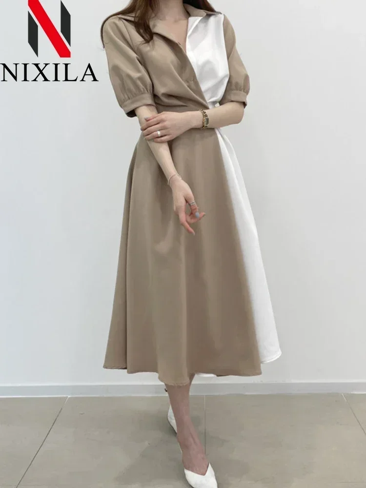 Elegante escritório feminino retalhos camisa vestido vintage a linha midi primavera verão roupas de manga curta para senhoras