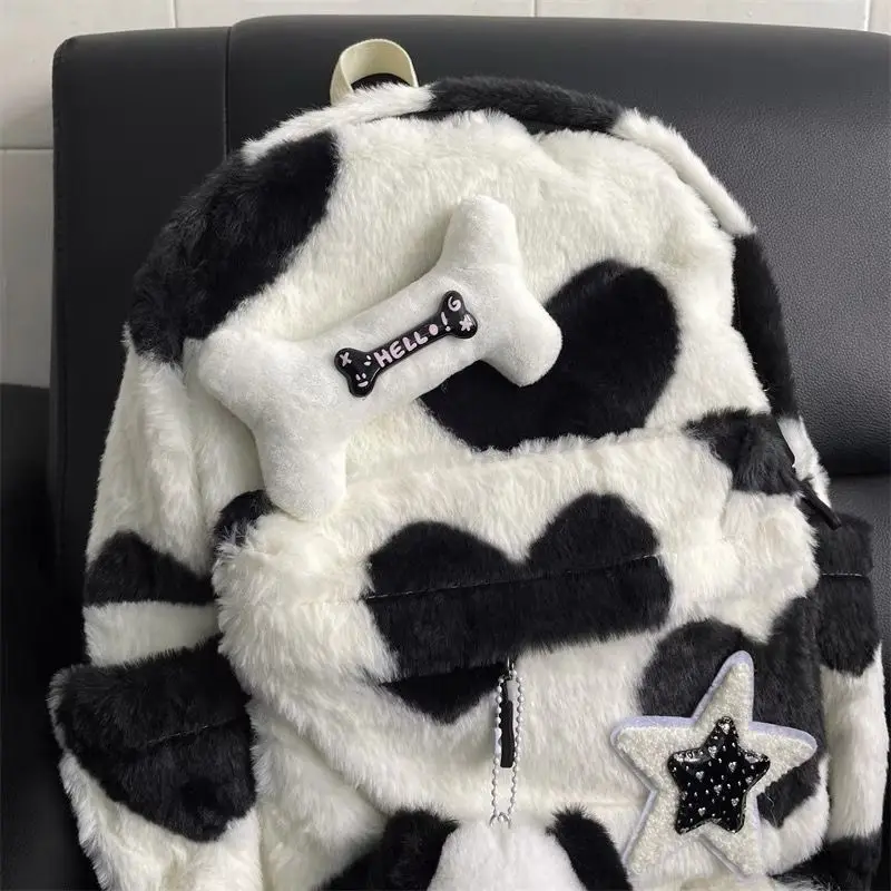 Streetwear Fashion Chic Fluffy Heart Backpack Sweet Y2k Aesthetic Star Students Schoolbags Preppy Women Casual Backpacks Trendy