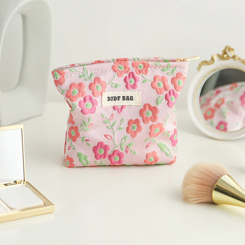 Woman Makeup Bag Pink Flowers Small Portable Lipstick Sanitary Napkin Storage Bag Canvas Commuter Coin Purse Card Packs
