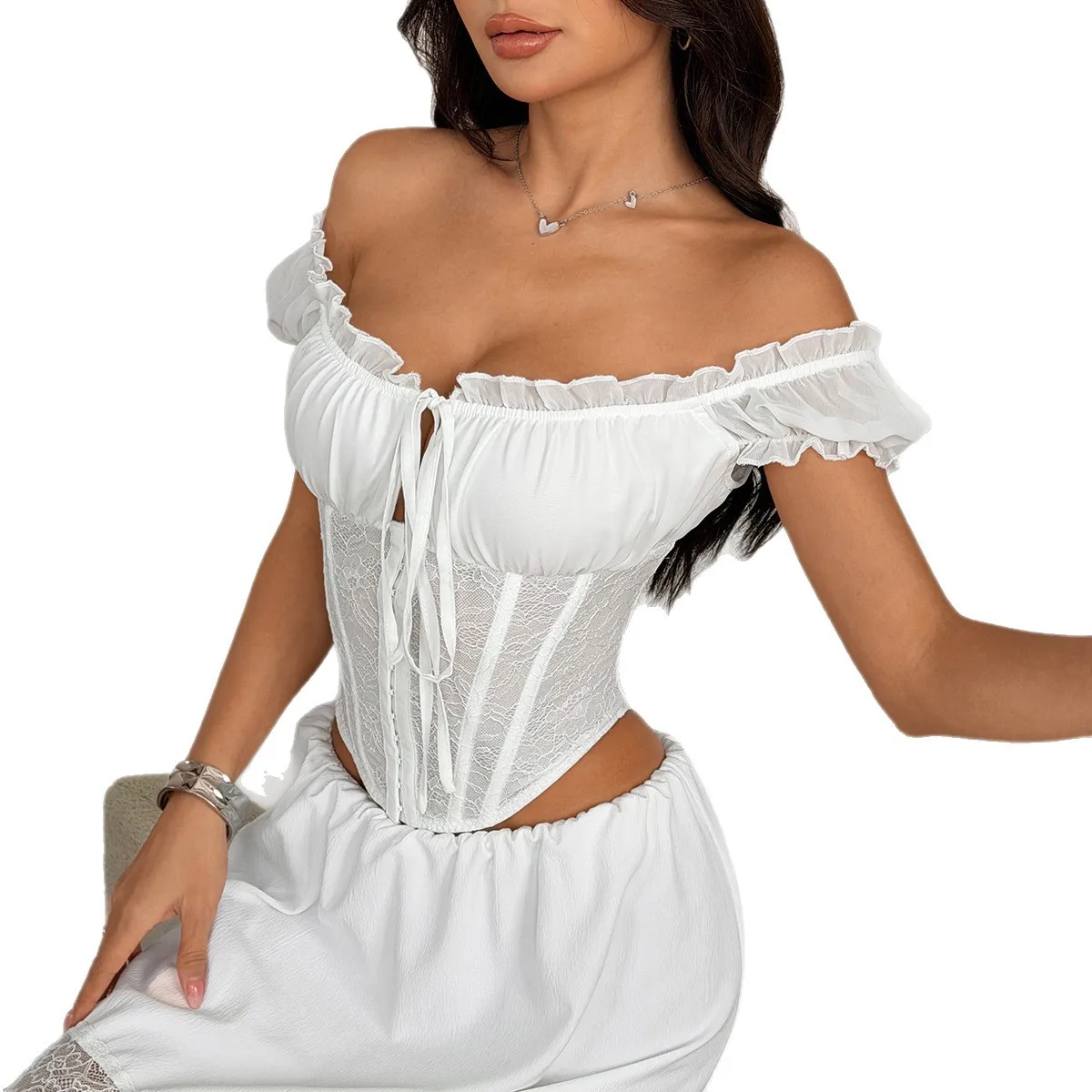 2026 Women's T-Shirt Clothes Woman Clothing Top Women Basic All-Match Tops Lace Versatile Slim Fit Sexy Strap Fishbone Top