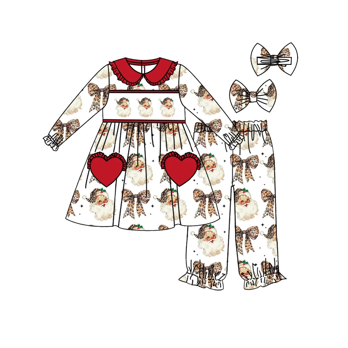 Boutiques Children Christmas Clothing Sets Kids Frill Sleepwear Girls Pajamas Leopard Bow Santa Claus Outfits