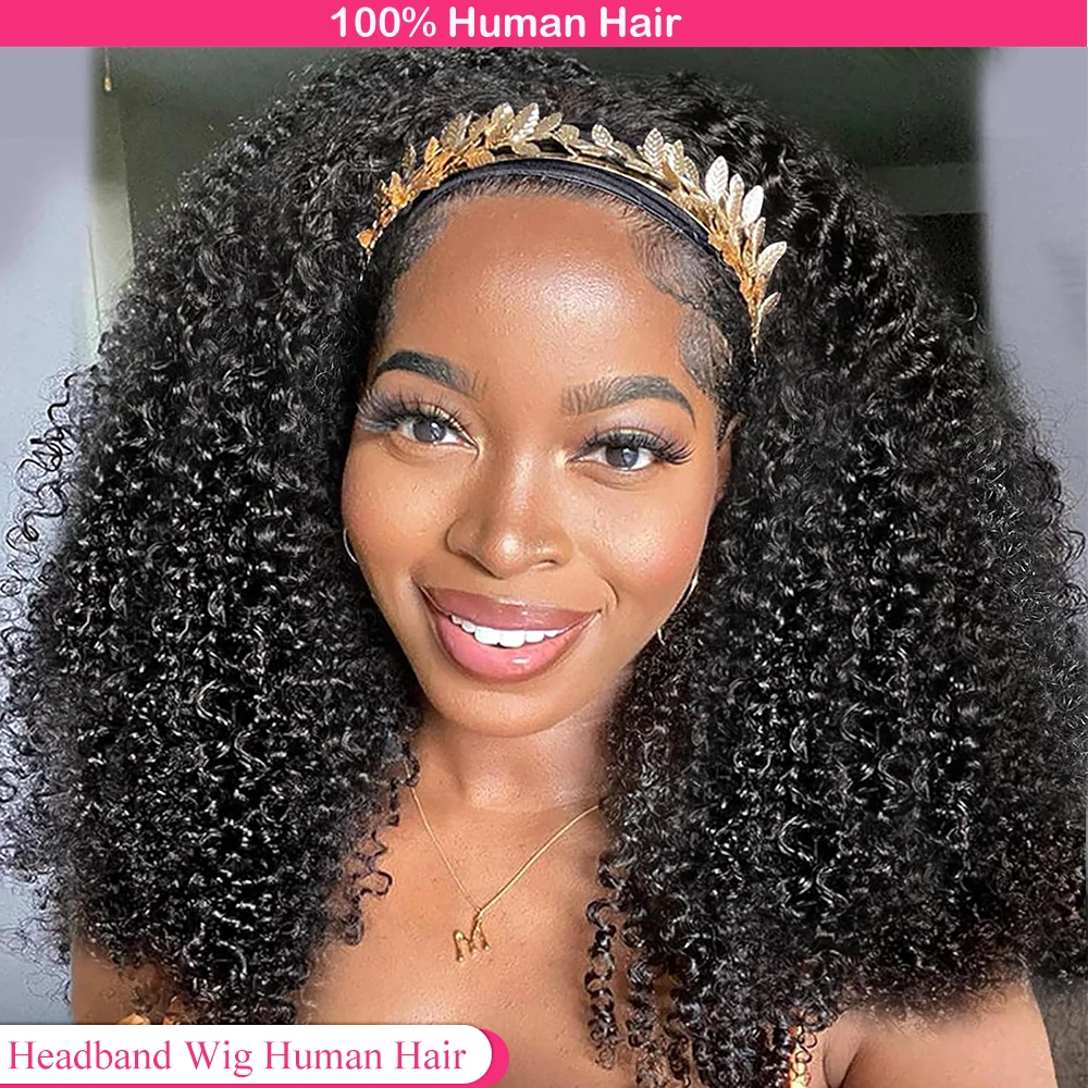 Curly Headband Wigs Human Hair Wigs For Black Women Scarf Machine Made Wig 34Inches 180% Brazilian Remy Human Hair Headband Wig