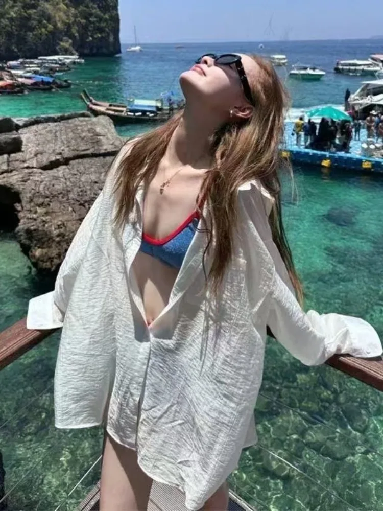 

White Summer Vacation Style Loose Women's Shirt Sun Protection Outerwear Beach Holiday Wind Long Sleeve Mid-Length Open ...