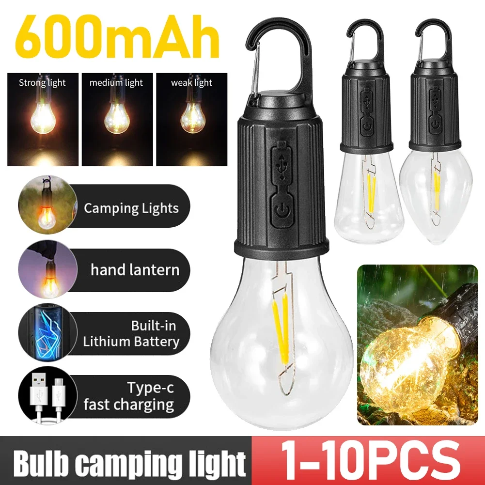 1-10pcs Portable Camping Light 600mAh LED Camping Lamp with Hook Lighting Lantern Type C Charging Waterproof for Hiking Fishing