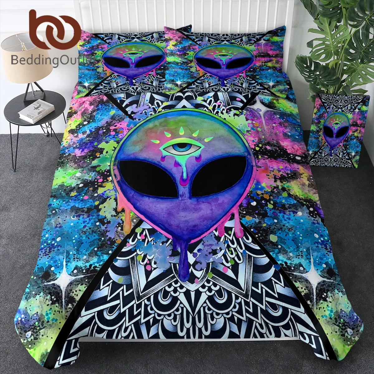 

BeddingOutlet Trippy Alien By Brizbazaar Watercolor Alien Mandala Duvet Cover Kids Bedroom Decor Polyester Quilt Set Pilowcases