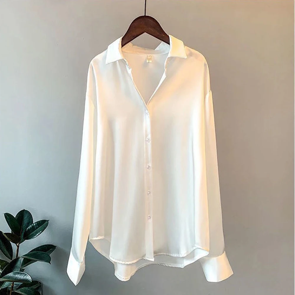 Camicia da donna in raso imitazione seta temperamento colletto bianco solido camicetta con bottoni con risvolto da donna elegante camicie a maniche