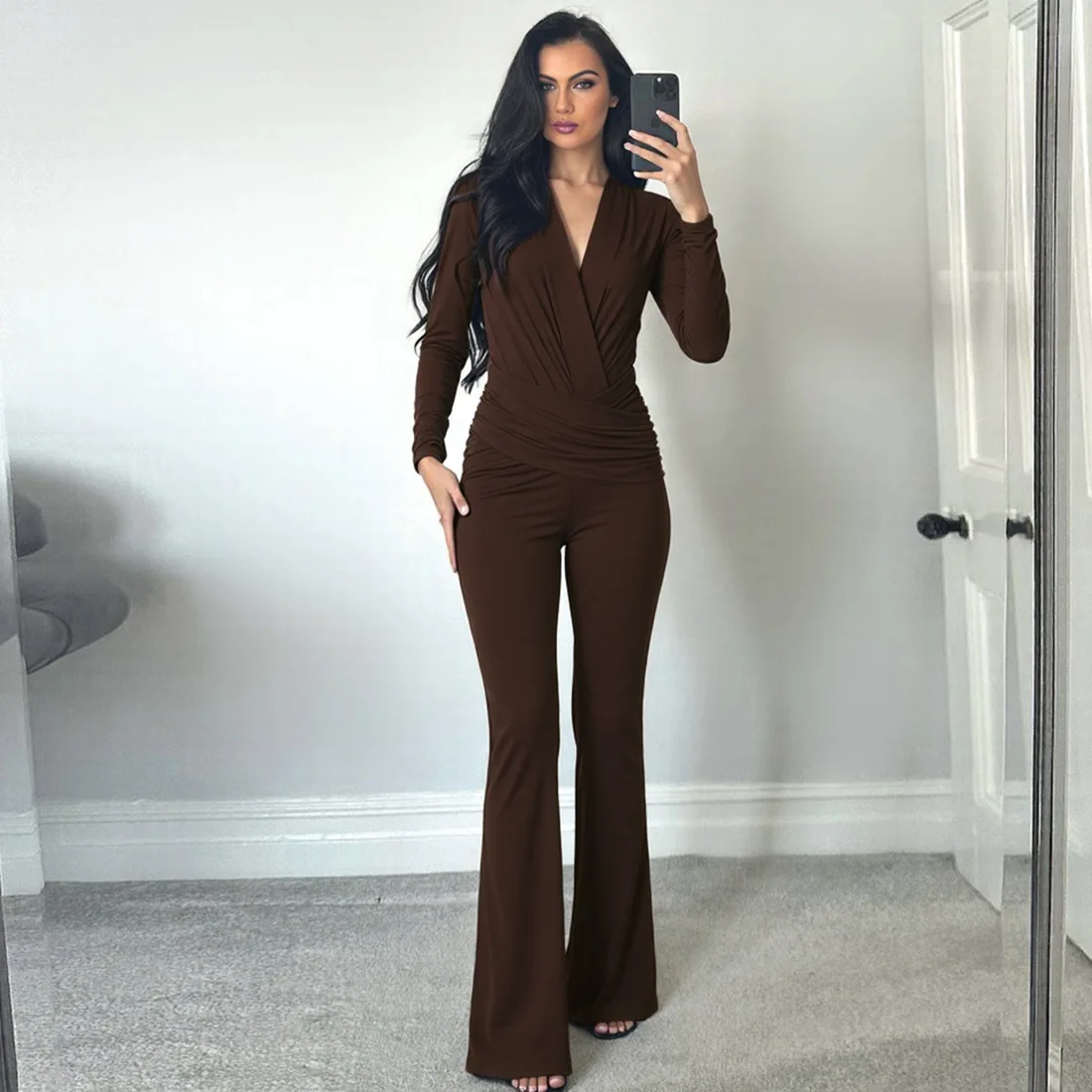 

Patchwork Ruched Jumpsuit Woman Deep V-Neck Fitness Fall Trend Zip Activity Streetwear Stretch Workout Slim