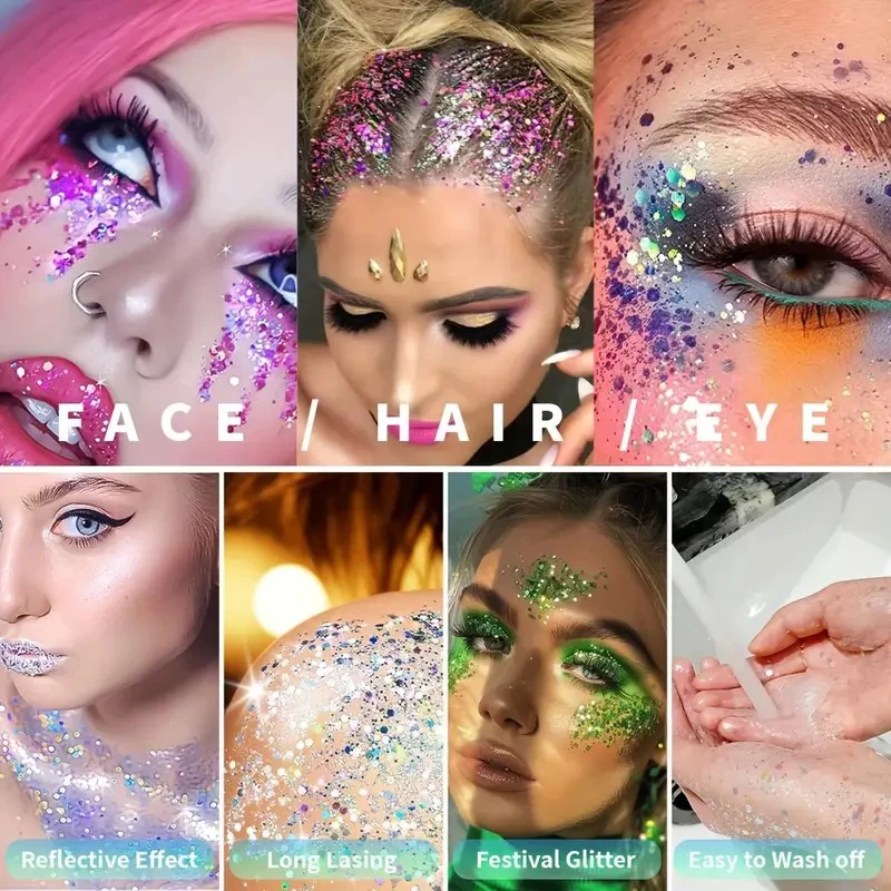 9 Color Face Sequin Glitter Makeup Face Hair Body Nail Glitter Gel Holographic Sequins Makeup Glitter Gel for Bar Festival Party