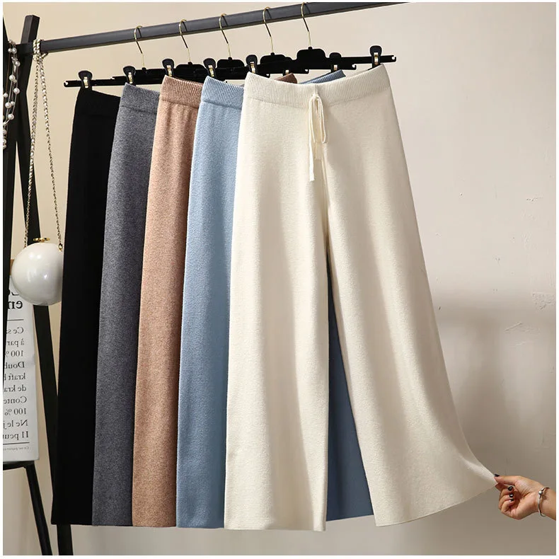 Pantalon tricoté à jambes larges pour femme, élégant, ample, décontracté, tendance, couleur unie, Simple, basique, nouvelle mode automne hiver