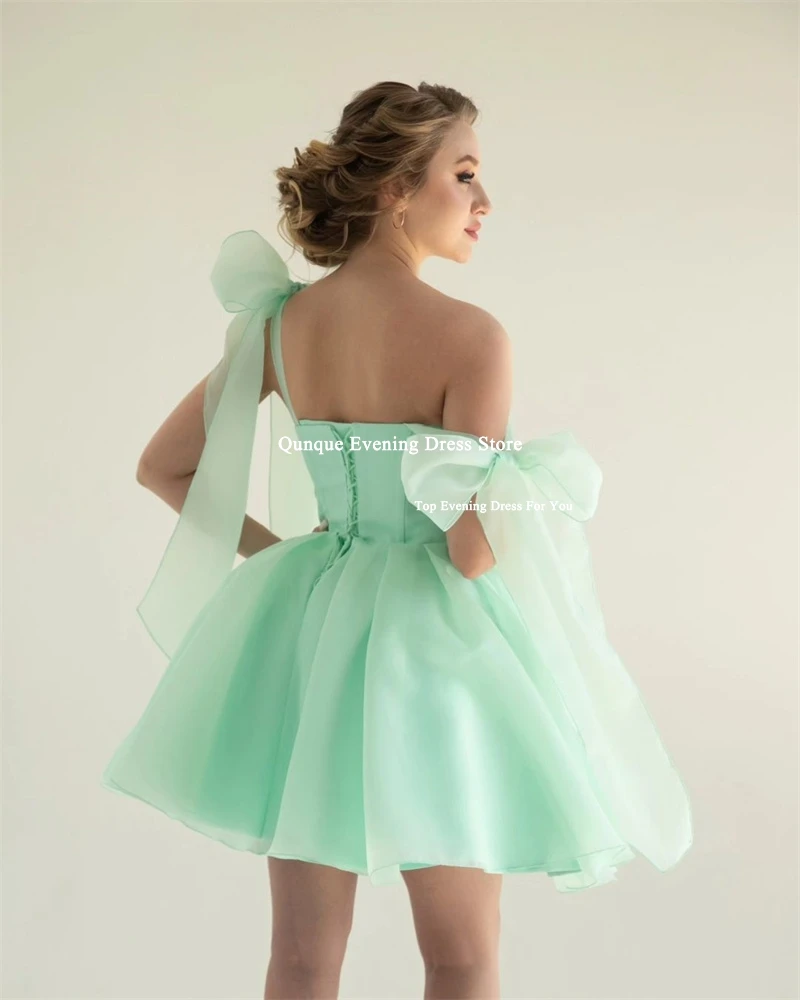 Qunque Short Corset Homecoming Dress Mint Green Organza Mini Graduation Dresses for Youth Spaghetti Straps Bow Cocktail Gowns