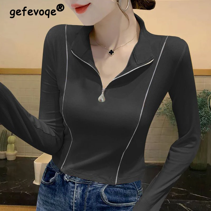 

New Womens Clothing Korean Fashion Stand Collar Zipper Elegant Basic T-shirts Autumn Female Long Sleeve Solid Slim Pullover Tops