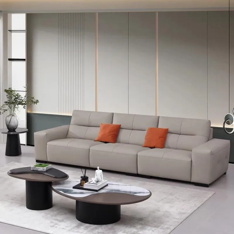 Modern Beige Grey Leather 3 Seater Straight Sofa Square Armrests Cross Stitch Cushions for Apartment Hotel Living Room
