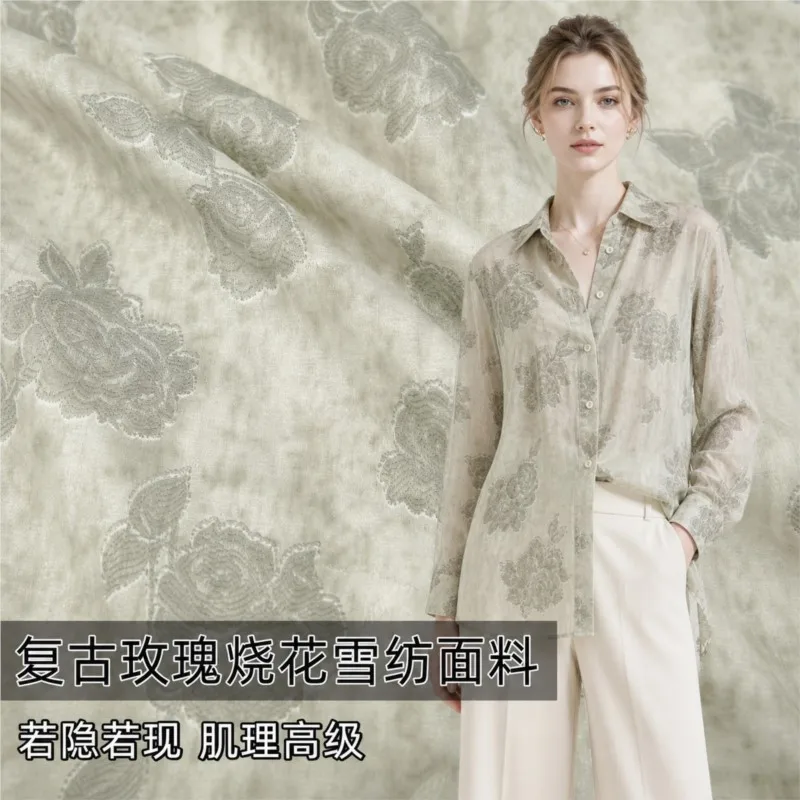 Semi-transparent flowing rose-burned floral chiffon organza cut fabric shirt dress skirt