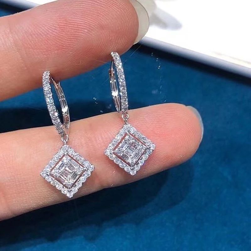 

Huitan Luxury Silver Color Dangle Earrings for Women Square Pendant Fashion Bride Wedding Earrings Good Quality Female Jewelry