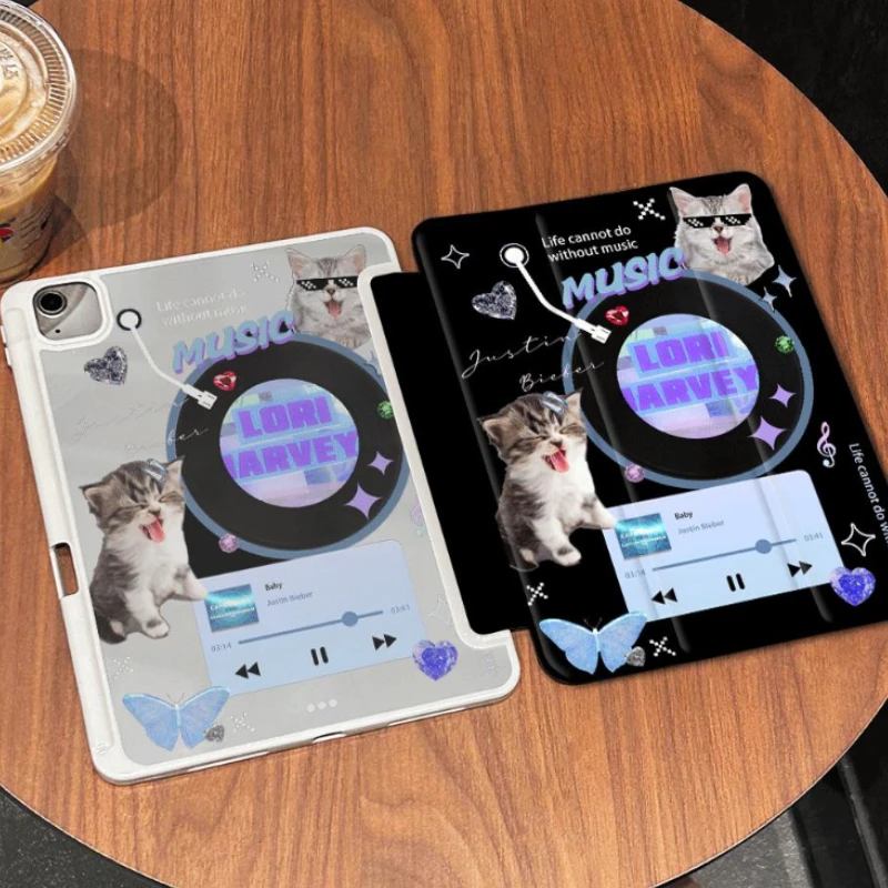 IPad Air 5 4 PU Acrylic Cover for Ipad Air 3 Generation 2019 2018 9.7 5/6th IPad 10th Generation Kitten Record Music PC Shell