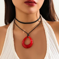 IngeSight.Z Vintage Red Hollow Water Drop Plastics Pendant Necklace Women Gothic Black Leather Wax Thread Rope Choker Necklace