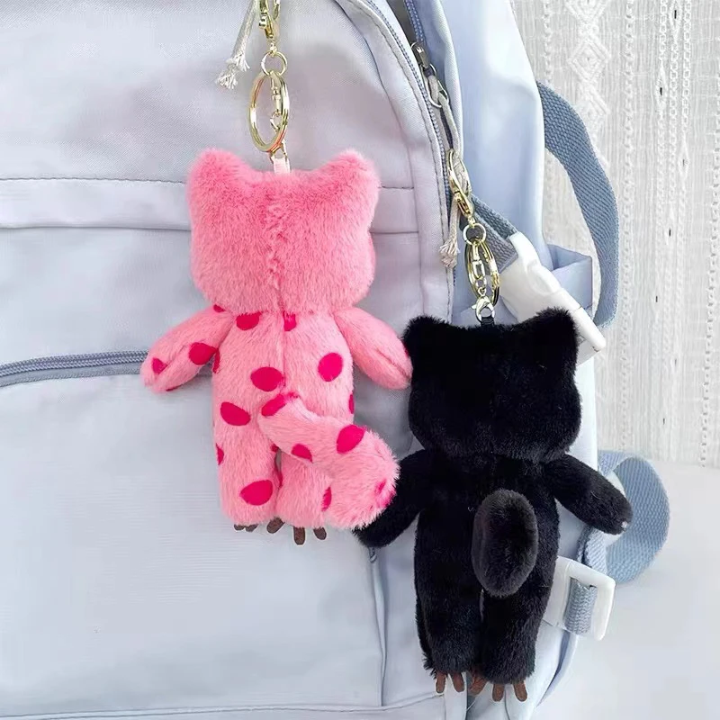 Pink Polka Dots Cat Plush Toy Cartoon Speechless Cat Pendant Soft Stuffed Doll Keychain Car Key Ring Backpack Bag Decor