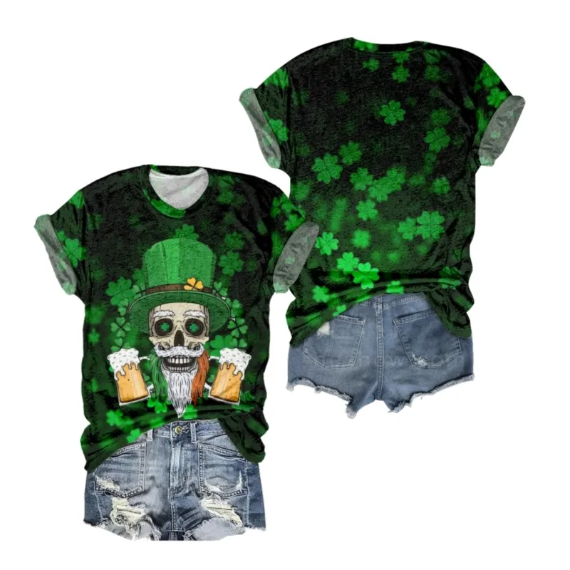 

St.Patrick'S Day Women Short O-Neck Shirt Short Sleeve Cartoon Loose lucky T Shirt Printed Breathable daily fashion Shirt