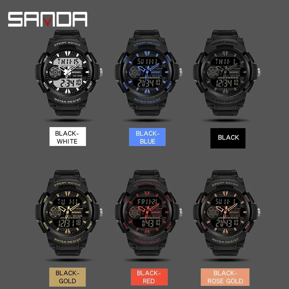 SANDA Watches For Men 50M Waterproof Clock Alarm reloj hombre Dual Display Wristwatch Quartz Military Watch Sport Mens Relogio