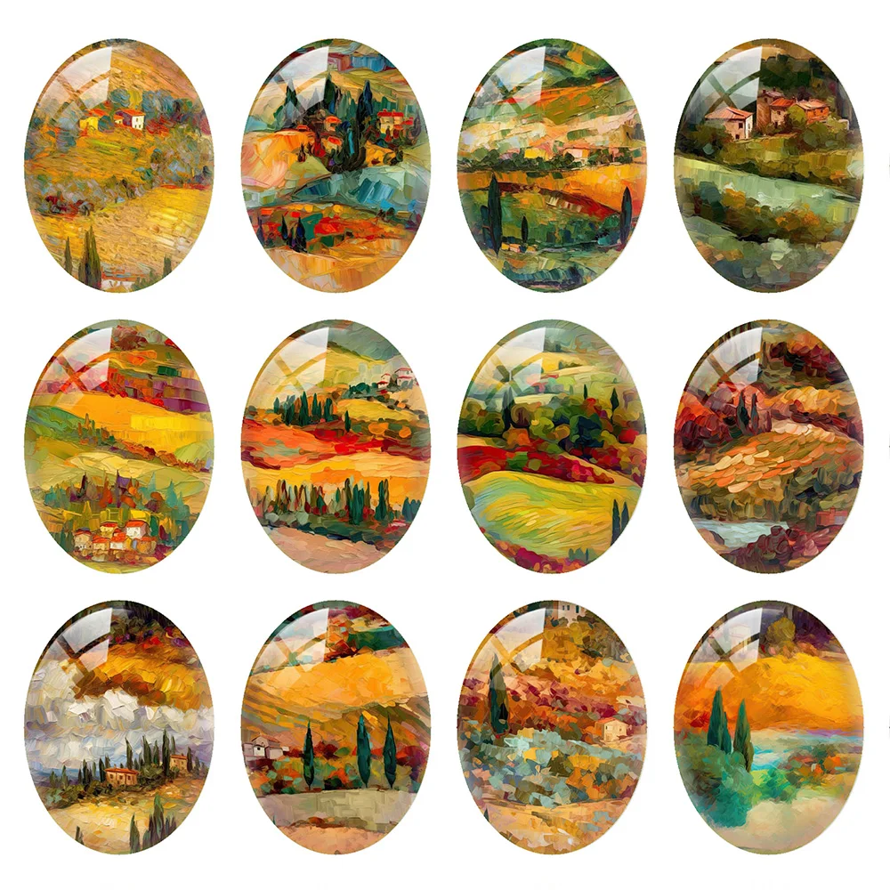 

10pcs/lot Autumn Fall Country Side Oil Painting Wild Landscape Oval Photo Glass Cabochon Flatback Demo Cameo Diy Jewelry Making