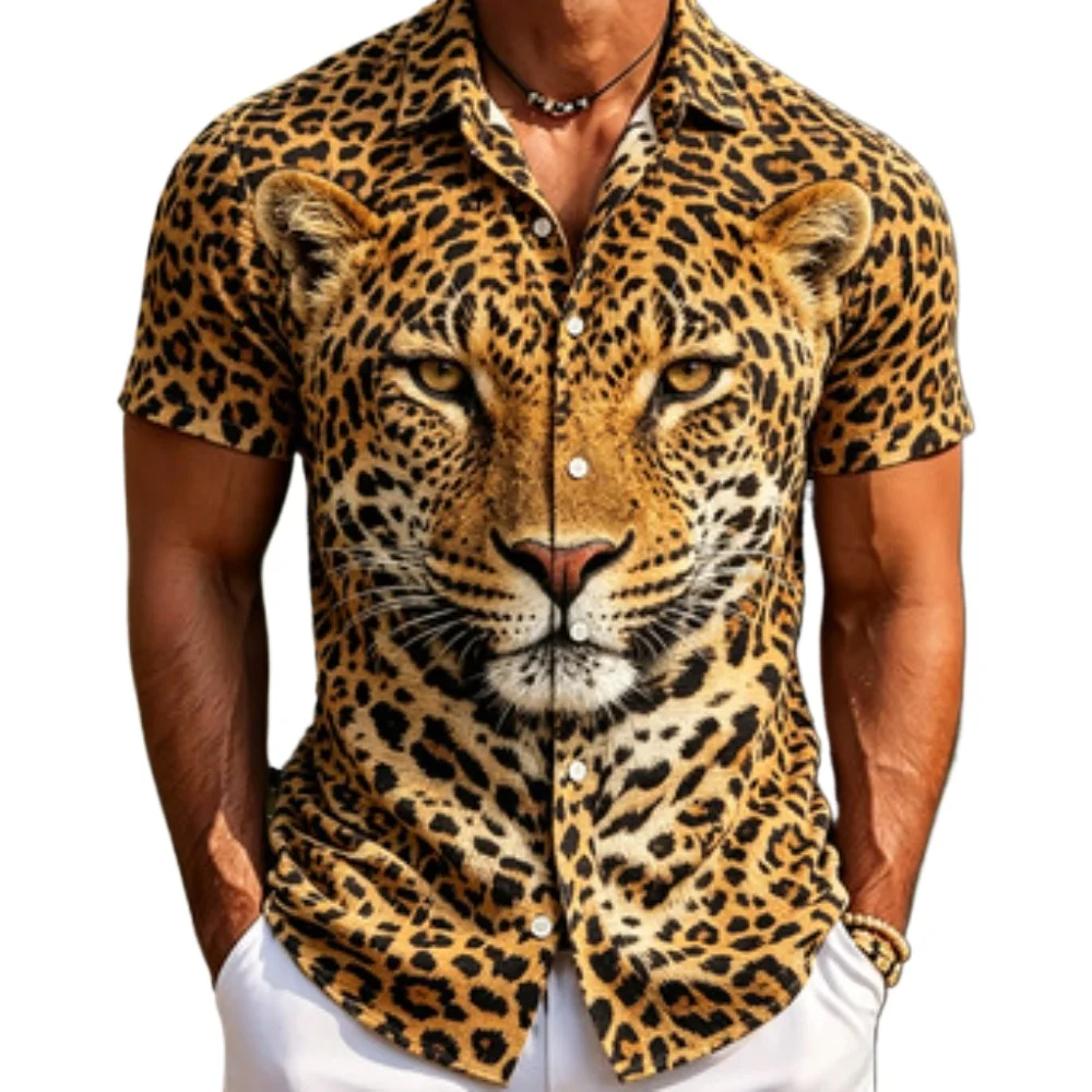 2026 New Men's 3D Beast Printed Wolf Tiger Leopard Collar Short Sleeve Shirt