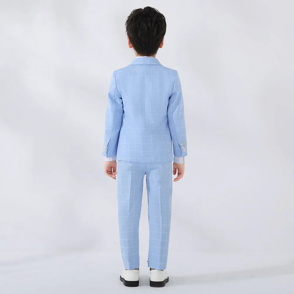 Children\'s Plaid Spring Summer Suit Set Boy Gentleman Piano Host Performance Photography Costume Kids Blazer Pants Bowtie Outfit