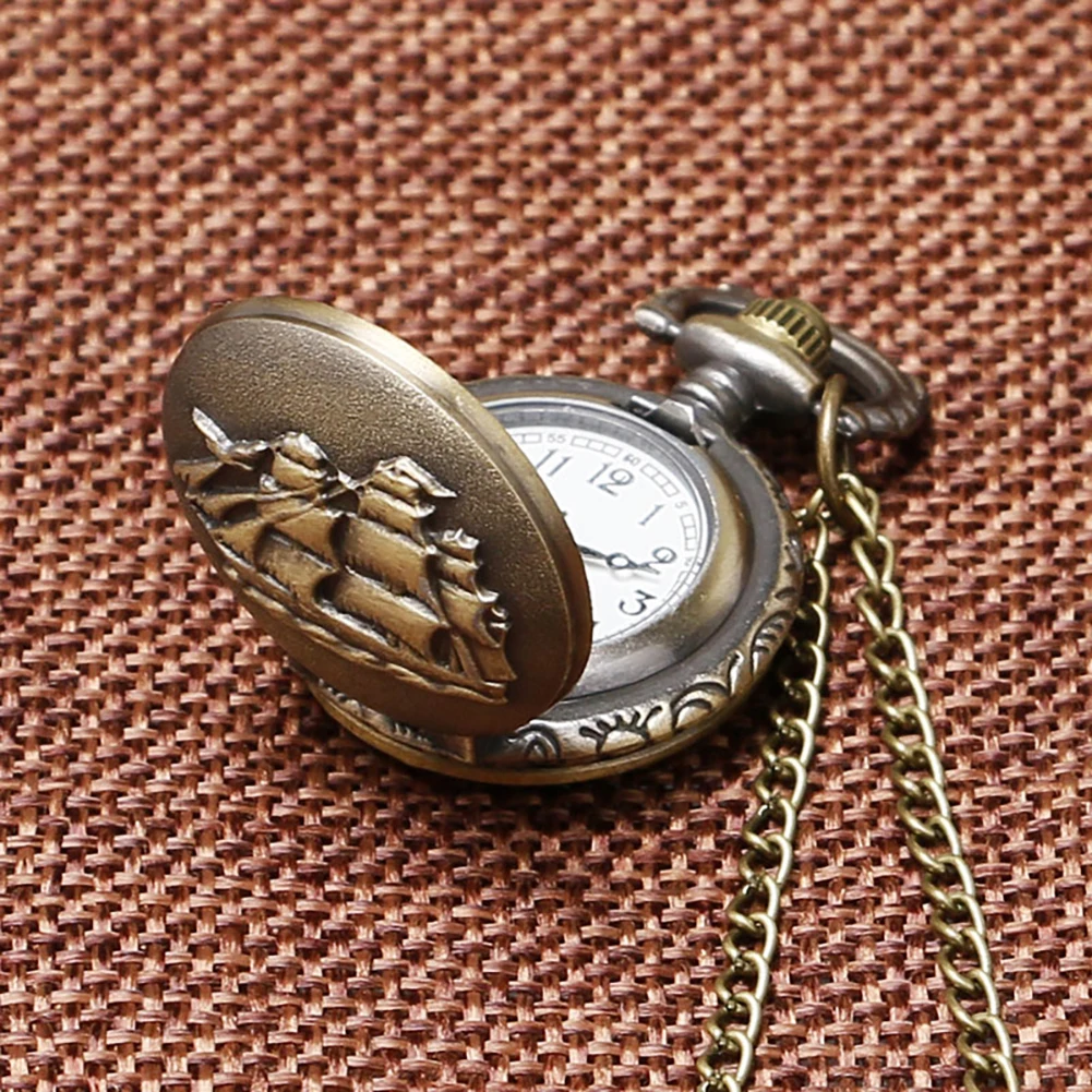 Vintage Bronze Retro Bronze Sailboat Design Small Size Quartz Pocket Watch With Sweater Necklace Chain To Women