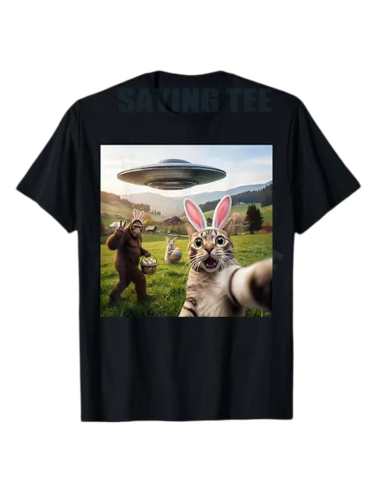 2026Funny Cat Selfie and Easter Bunny Bigfoot UFO Alien Women's T-shirt Luxury Fashion Street Dress Pattern Clothing Novelty Y2K