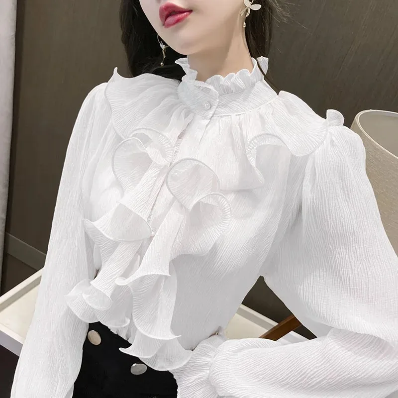 New Fashion Ruffles Stitching Lace Women\'s Blouse Elegant Chiffon Shirt Stand Collar Button Long Flare Sleeve Loose Tops 12946