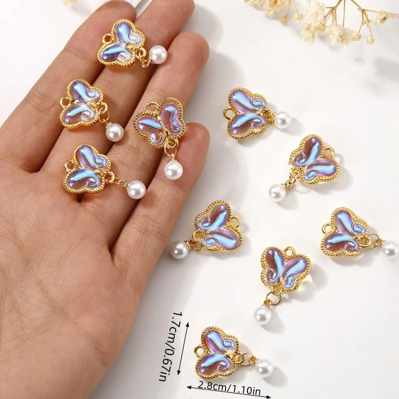 10pcs Colorful Enamel Butterfly Charms Alloy Imitation Pearl Pendants for DIY Jewelry Making Accessories ﻿