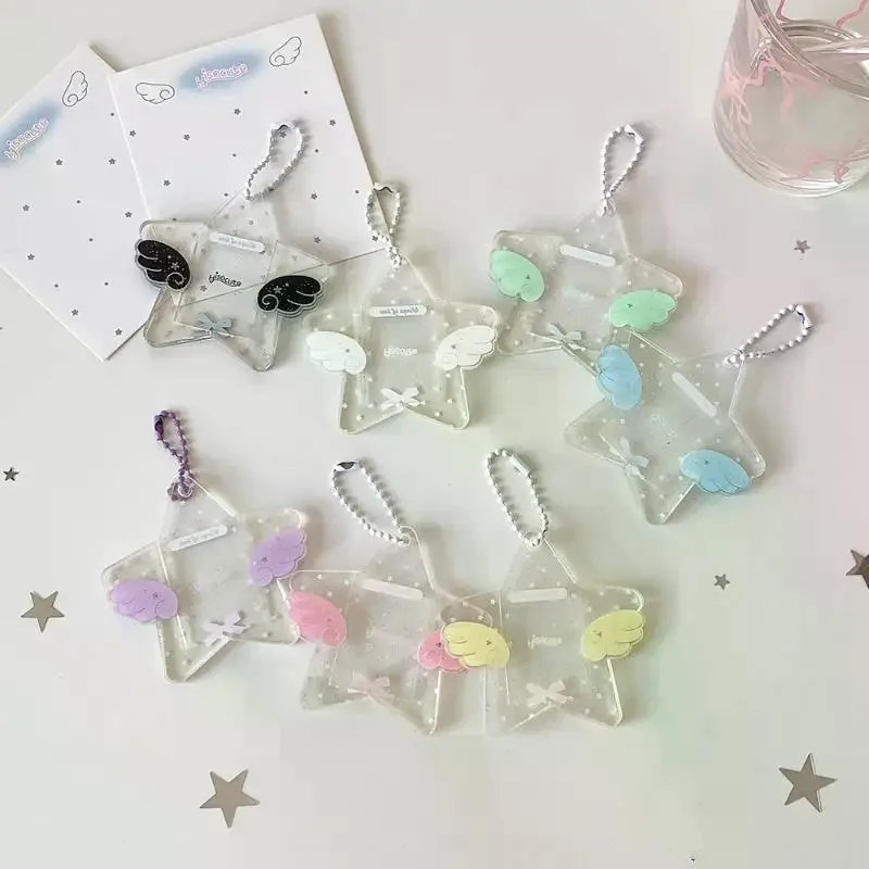 Cute Wing Star Acrylic Photocard Holder Keychain 1 Inch ID Photo Display Sleeve Kpop Card Holder Keychain Pendant Fans Gift