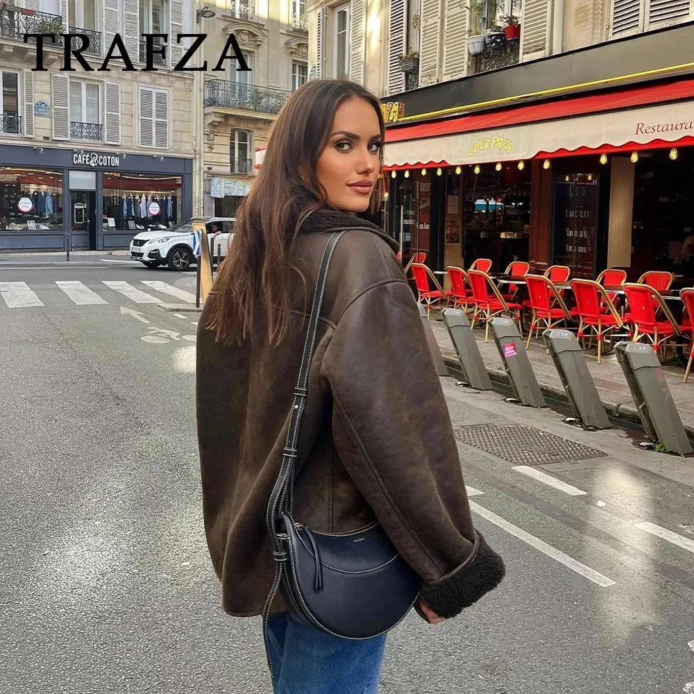 Trafza Herbst Winter Vintage Frau Leder mäntel lose Pelz Frauen Jacke einreihige Tasche dicke Freizeit jacken Parkas