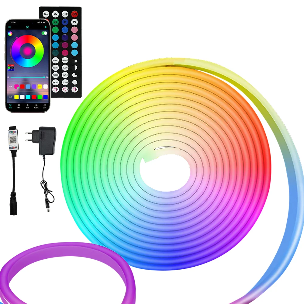 

Светодиодная лента RGB неоновая, водонепроницаемая RGB лента с поддержкой Bluetooth и дистанционным управлением, для ТВ, уличного и домашнего декора, 5 м, 24 В