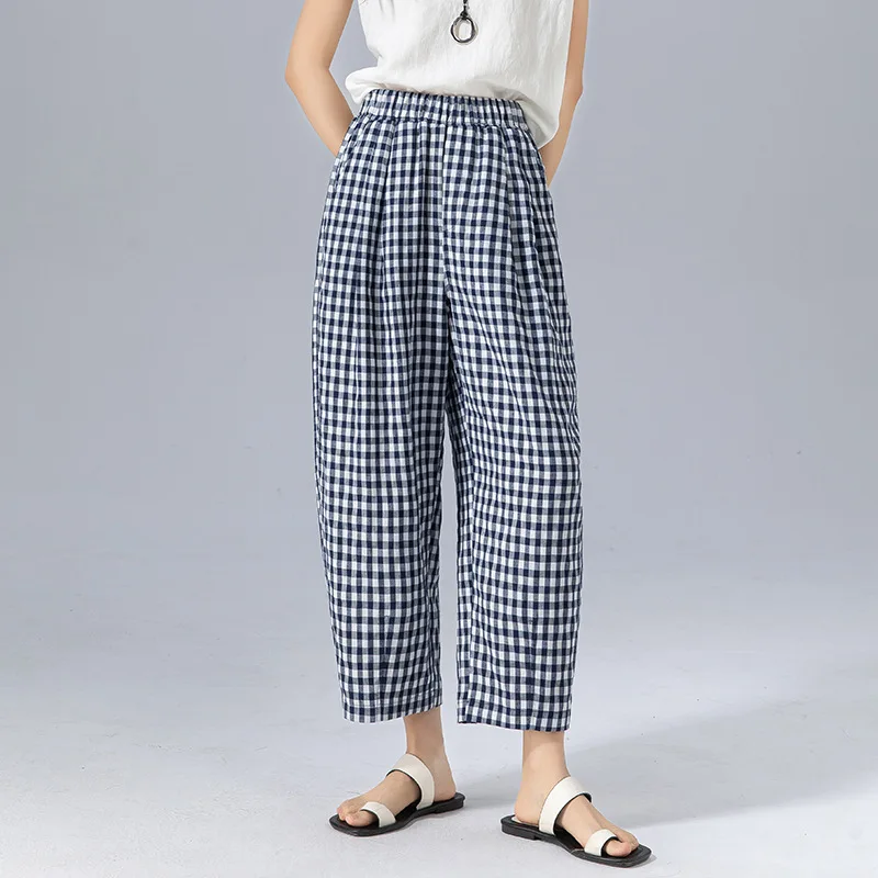 

Summer women's nine-point pants linen lyocell Korean version high waist plaid thin loose and thin