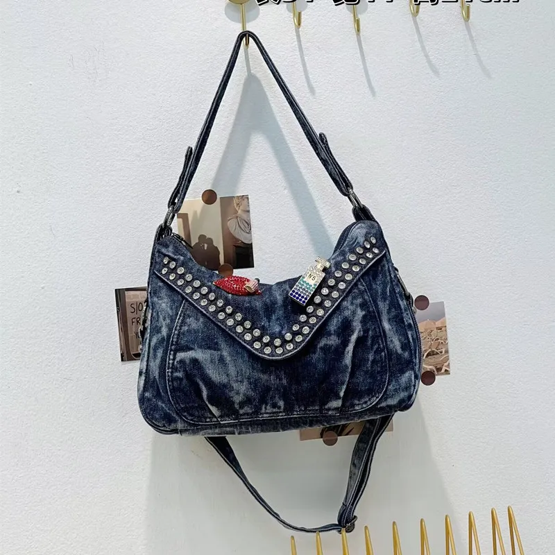 2026 new Korean version of personality casual fashion red lip decoration single shoulder crossbody riveted female bag denim bag