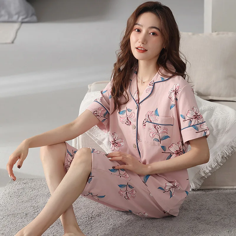 Women's Pajamas Sets Cotton Pyjamas Floral Pijamas Lapel Loungewear Short Sleeve and Pants Suit Sleepwear Nightwear Homewear