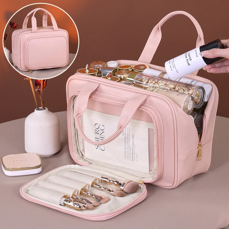 PU Leather Women Travel Storage Bag Toiletry Organizer Pouch Ladies Large Capacity Cosmetic Bag Portable Zipper Make Up Handbags