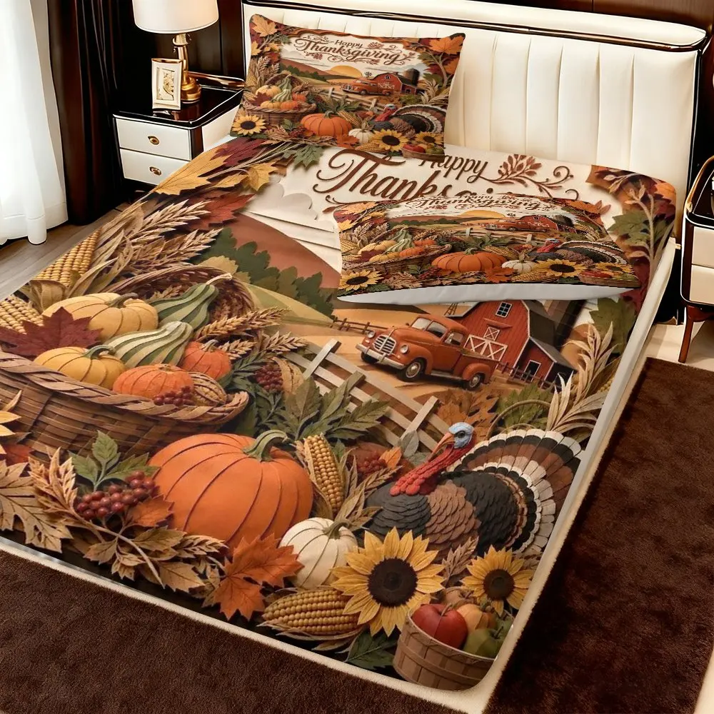 Thanksgiving Pumpkin Party Mattress Protector with Pillowcases, 1 Fitted Sheet + 2 Pillowcases (Without Filling) 2D Flat Printing, Mattress Protector, Elastic Fitted Sheet Cover, King/Twin/Queen Size, Harvest Party Master Bedroom Guest Room Decoration, Dustproof and Stain-Resistant, High Elasticity, Fits Various Sizes