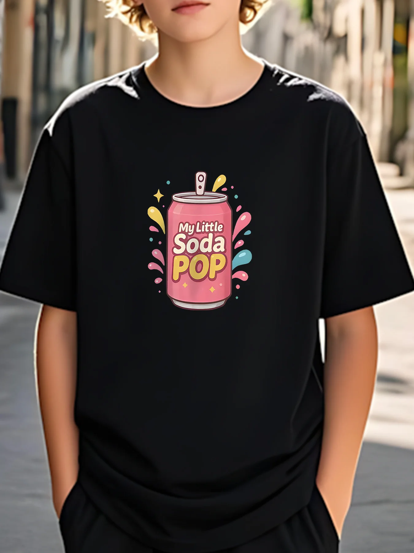 Trendy Men's Black Graphic T-Shirt Soda Can My Little Soda Pop Cute Bubble Splash Colorful Cartoon Typography Print 100% Cotton Heavyweight Short Sleeve Casual Streetwear Tee