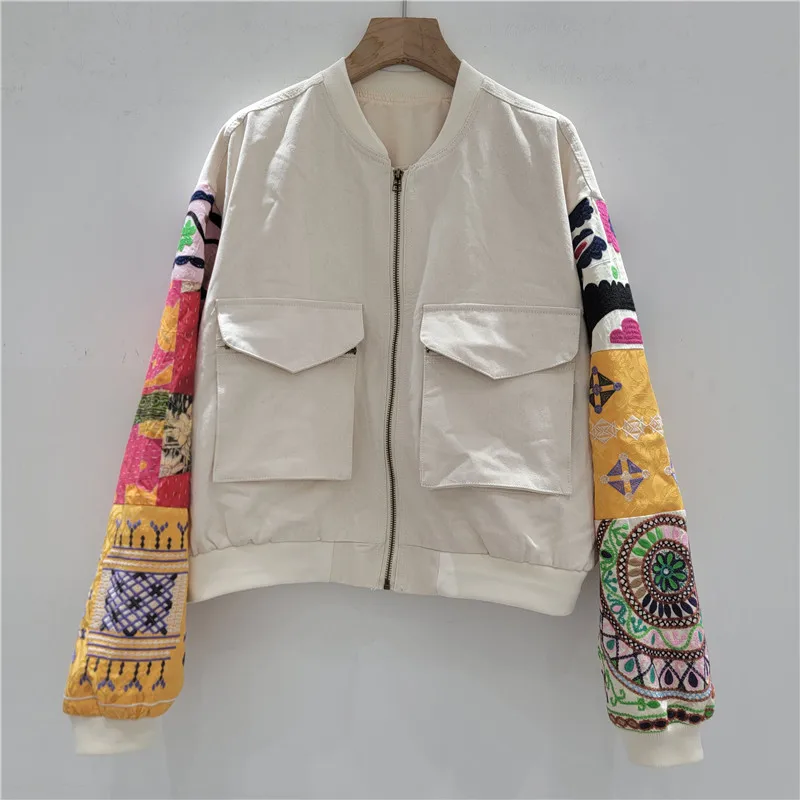 

Модное бежевое повседневное короткое пальто с принтом, женское свободное пальто с большим карманом и воротником-стойкой, длинным рукавом, весенне-осенняя женская куртка, уличная одежда