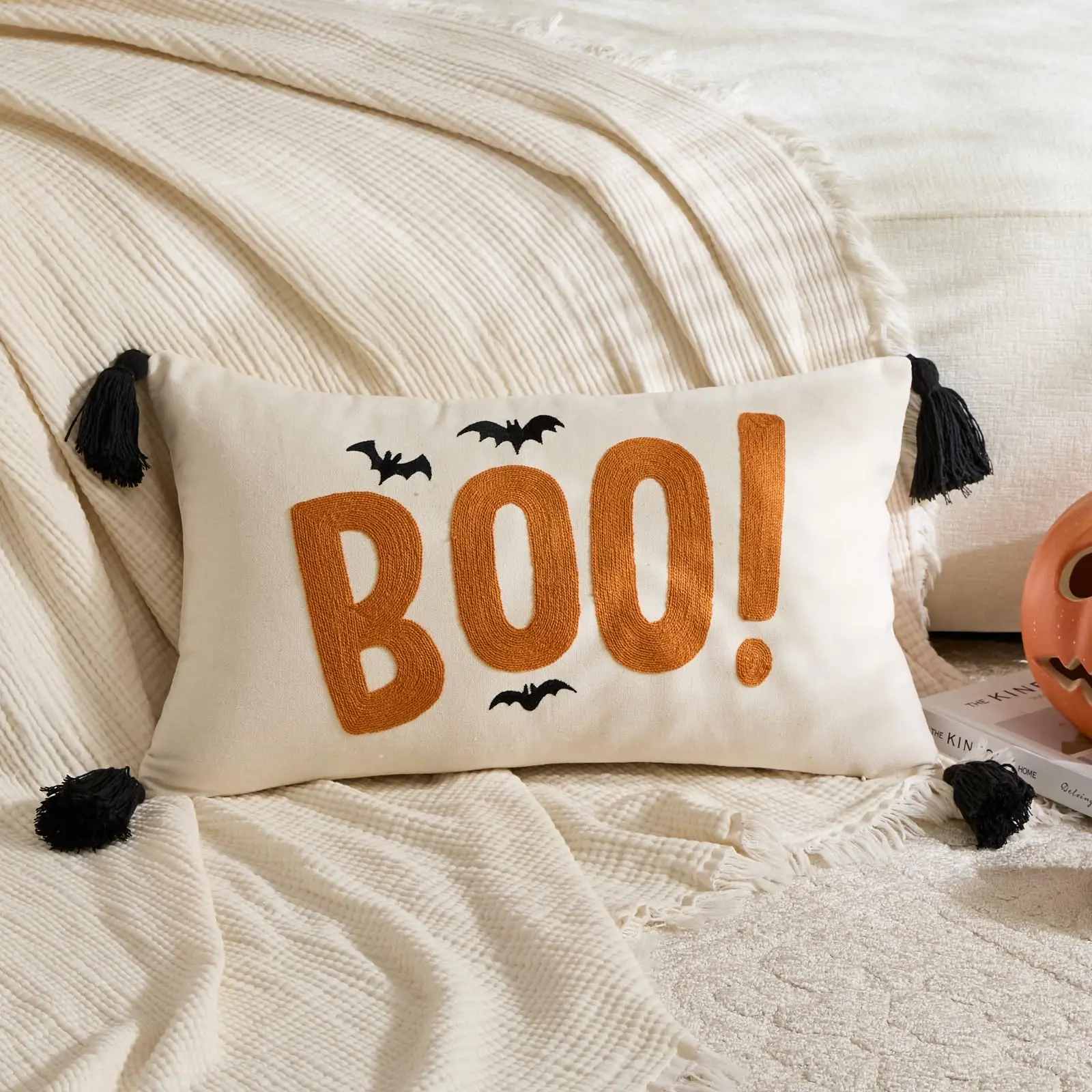 Halloween Pillow Cover 12x20 Inch Embroidery Ghost Bats Lumbar Pillow Covers Cushion Case Decorative Throw Pillow Cover for Sofa