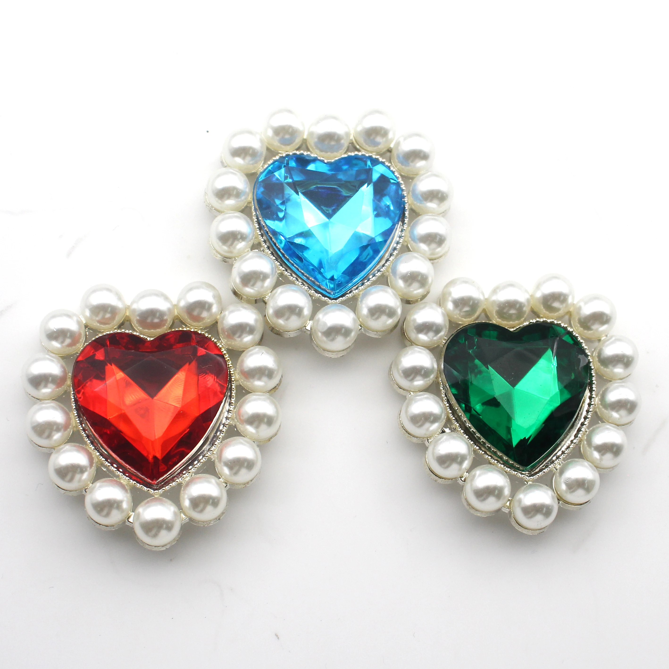  10Pcs Heart Rhinestone Pearl Bezel Charms 3.3cm×3.4cm Multicolor Acrylic Crystal Appliques For Bikini Wedding Dress DIY Jewelry